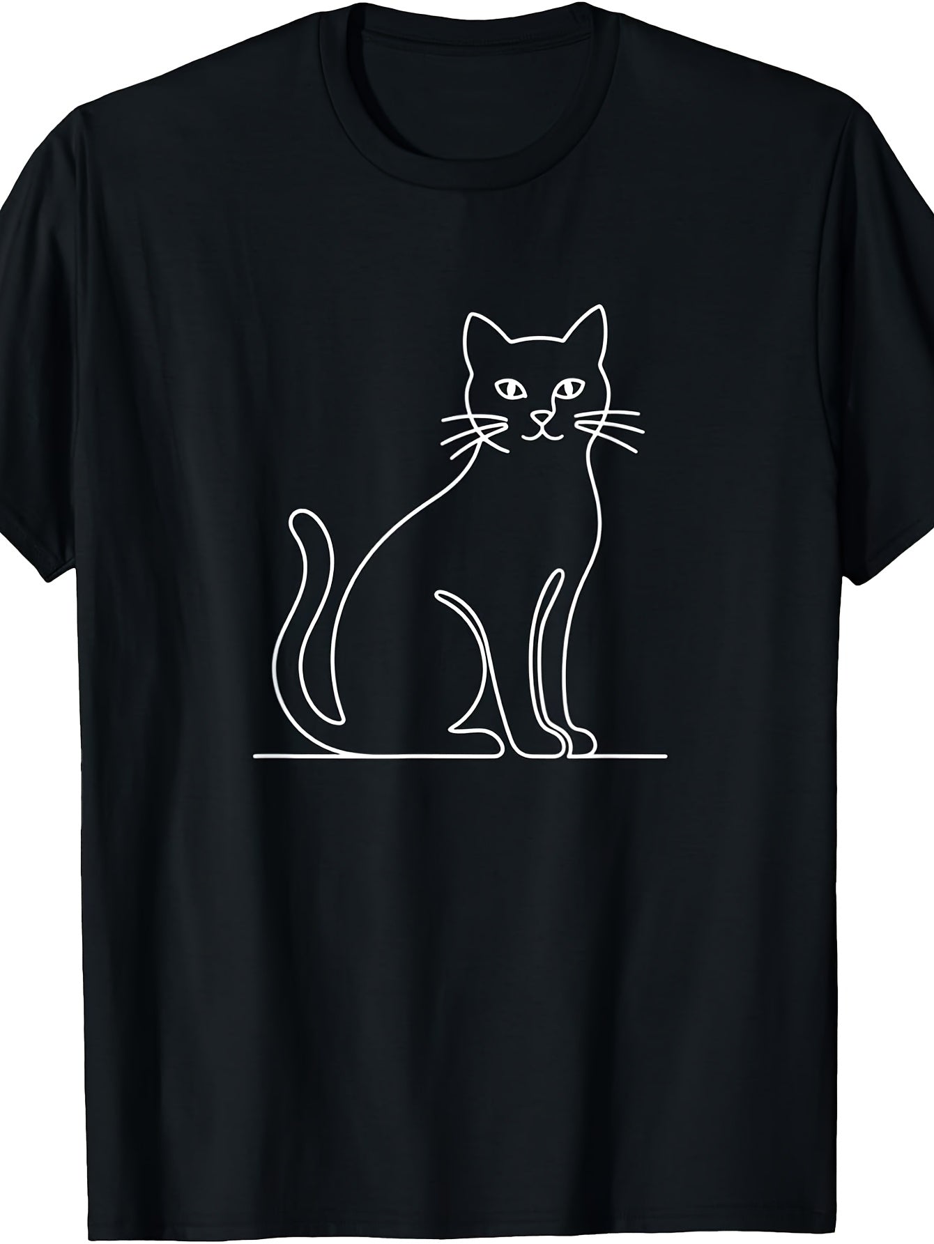 Minimalist Line Art, Men'S And Women'S T-Shirt, White Outline Sitting Cat Design, Casual Daily Wear Spring Summer