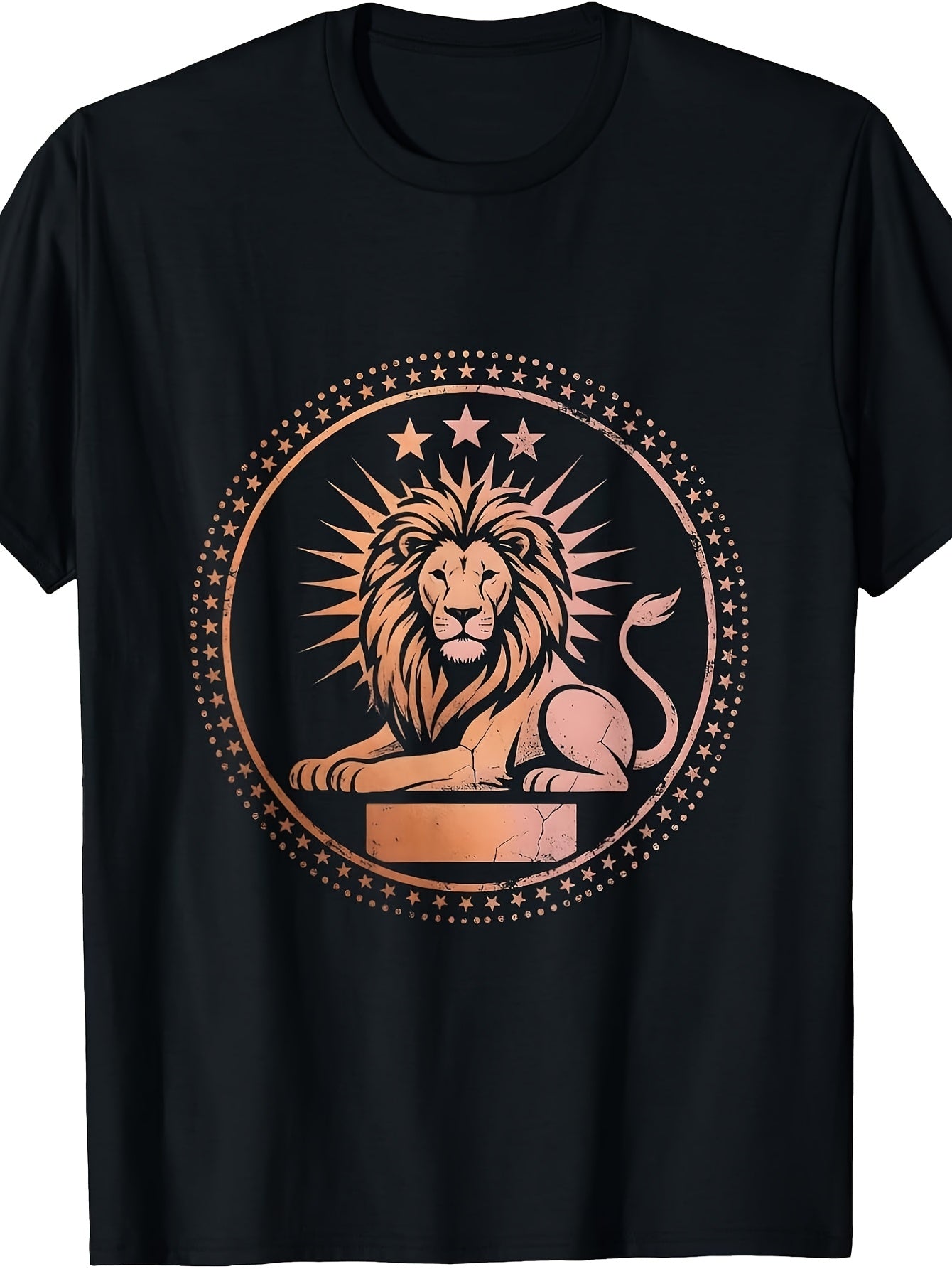Men's & Women's Vintage Lion & Sunburst Emblem T-Shirt - Retro Lion with Starburst Design, Round Neck Casual Daily Wear Suitable for Seasons, Machine Washable Unisex Tee for Spring Summer Fall