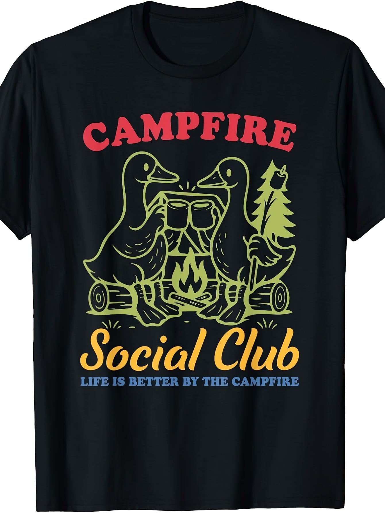 Men's And Women's T-Shirt, Retro Vintage Style, Campfire Social Club Ducks Toasting Beer By Fire, Outdoor Camping Summer Fun