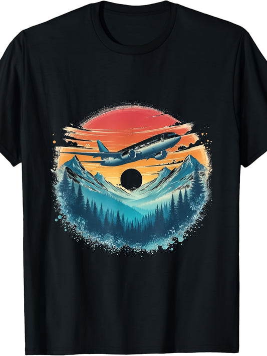Vintage Pilot Airplane Sunset Mountain Forest Aesthetic T-Shirt