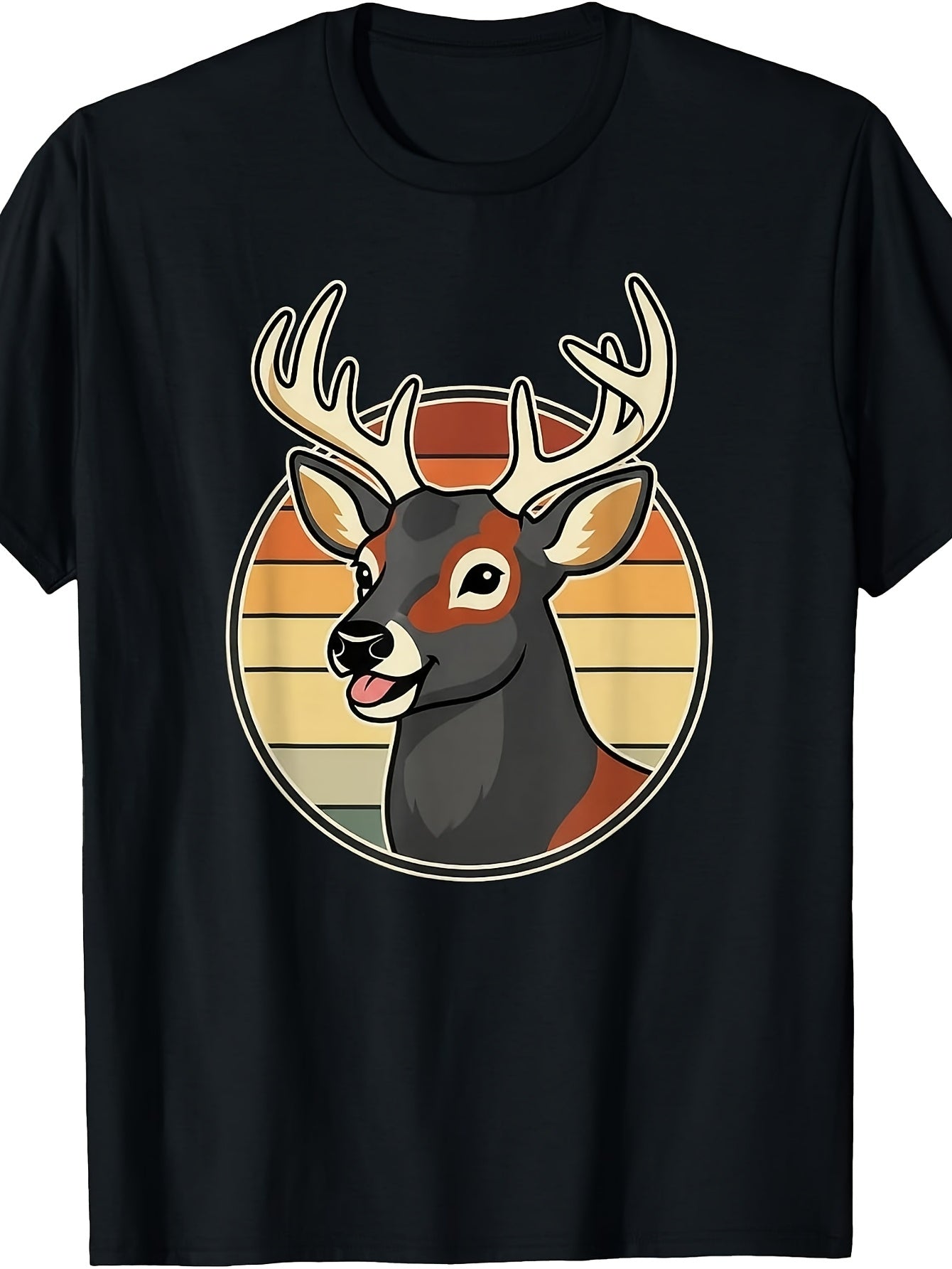 Vintage Retro Style, Men's And Women's T-Shirt, Cute Deer Head with Antlers In Sunset Circle Design, Casual Daily Wear Summer Spring Autumn