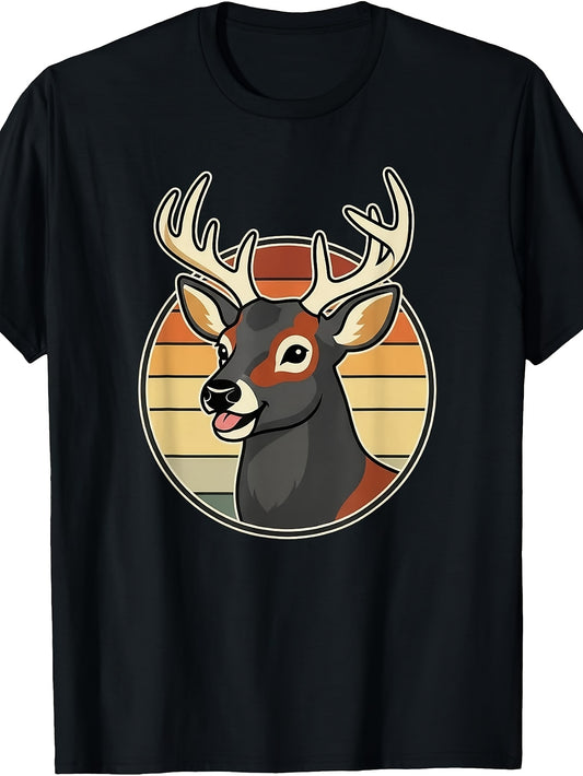 Vintage Retro Style, Men's And Women's T-Shirt, Cute Deer Head with Antlers In Sunset Circle Design, Casual Daily Wear Summer Spring Autumn