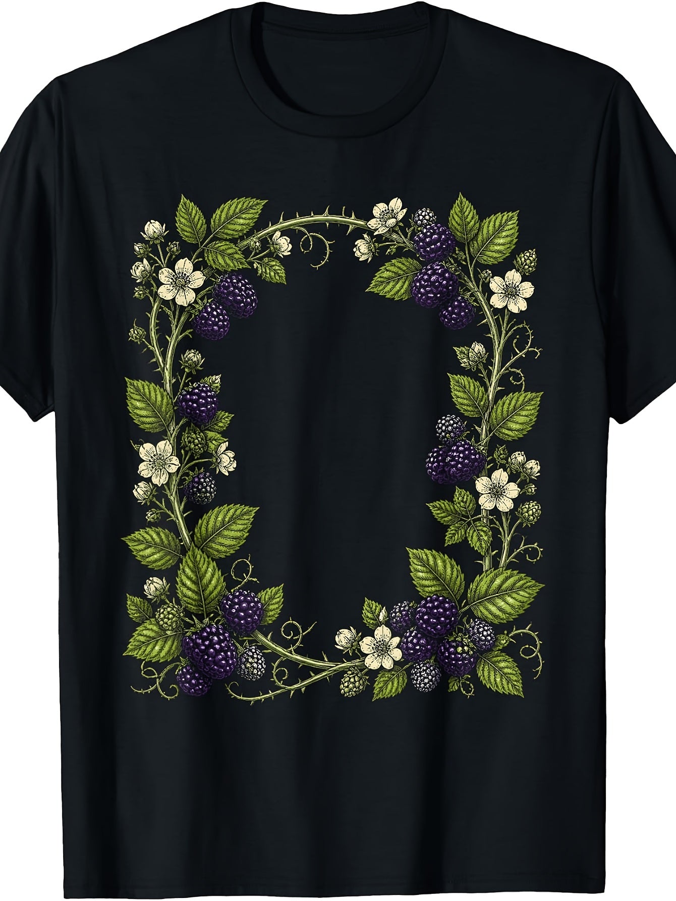 Vintage Botanical Blackberry Vine Frame, Men's And Women's T-Shirt, Floral Berry Wreath Design, Summer Spring Outdoor Garden Party