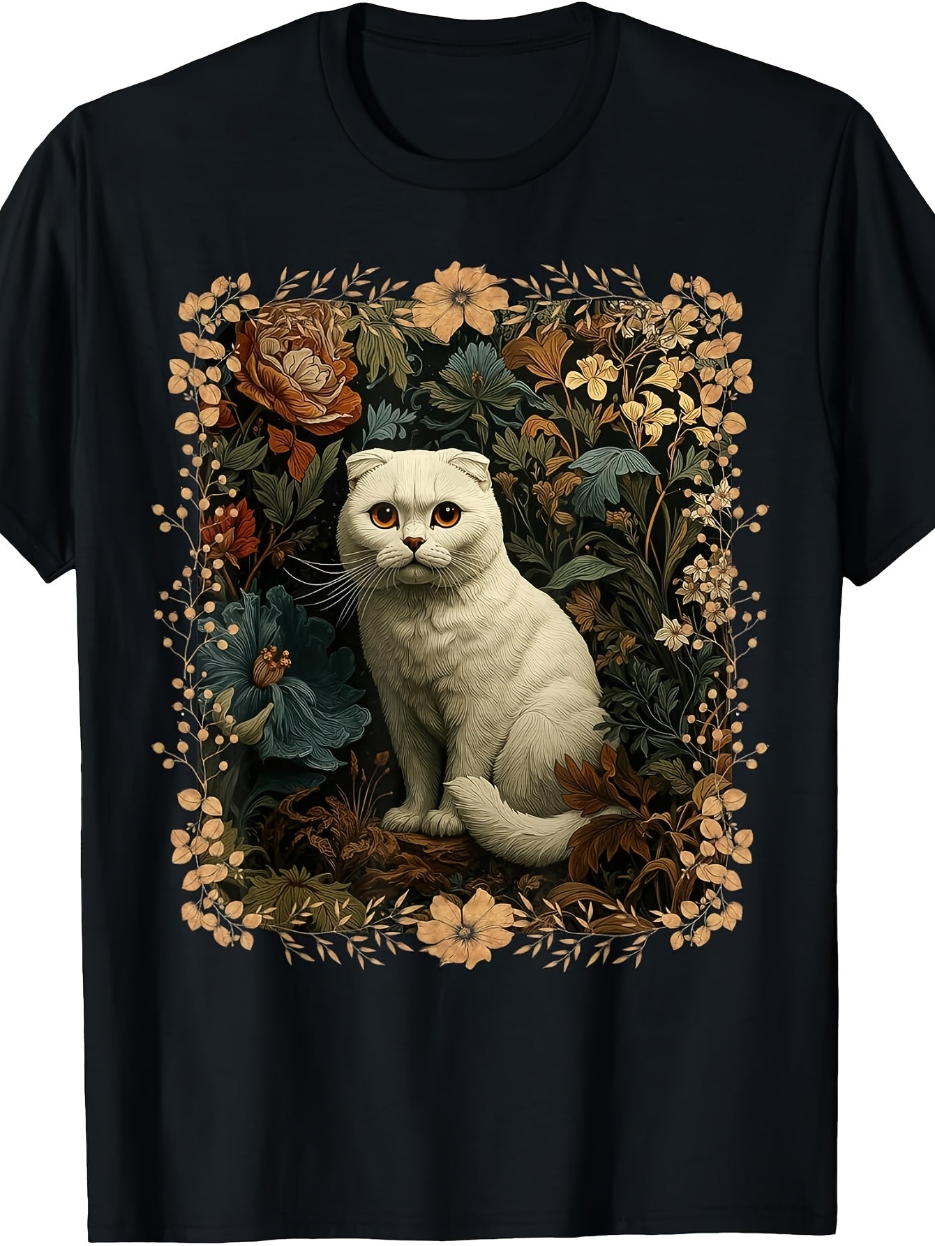 Scottish Fold White Cat in a Vintage Cottage Garden T-Shirt