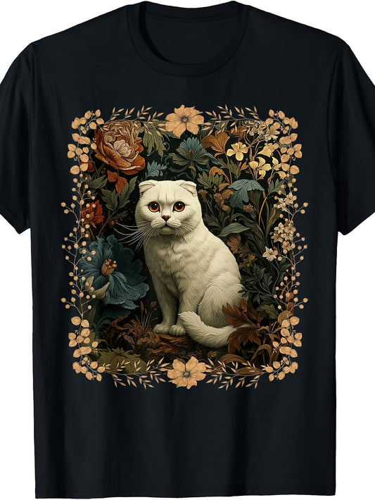 Scottish Fold White Cat in a Vintage Cottage Garden T-Shirt
