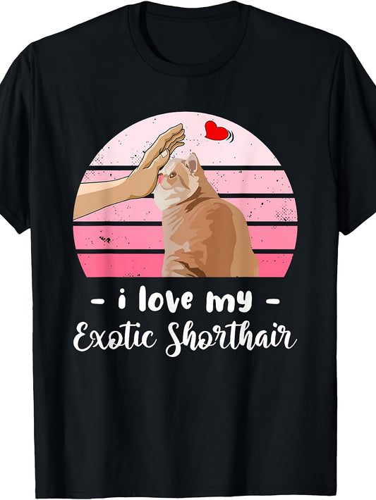 Vintage Retro Style, Men's And Women's T-Shirt, I Love My Exotic Shorthair Cat with Hand Petting And Heart Design, Casual Daily Wear Spring Summer