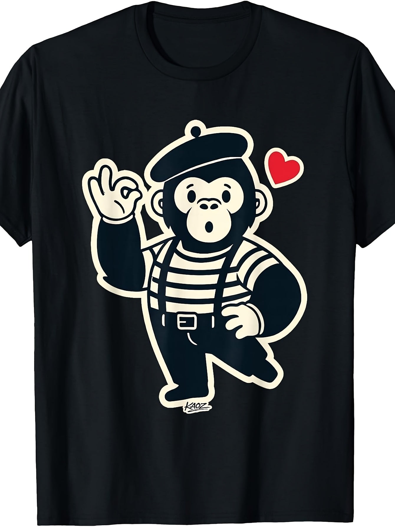 Cartoon Style, Men'S And Women'S T-Shirt, Cute Monkey in Striped Shirt And Beret with Heart And OK Gesture, Casual Daily Wear Summer Spring