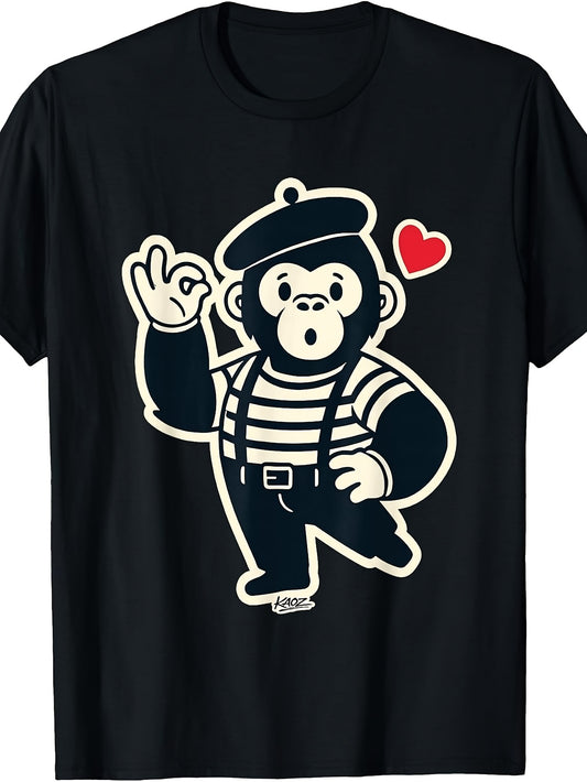 Cartoon Style, Men'S And Women'S T-Shirt, Cute Monkey in Striped Shirt And Beret with Heart And OK Gesture, Casual Daily Wear Summer Spring