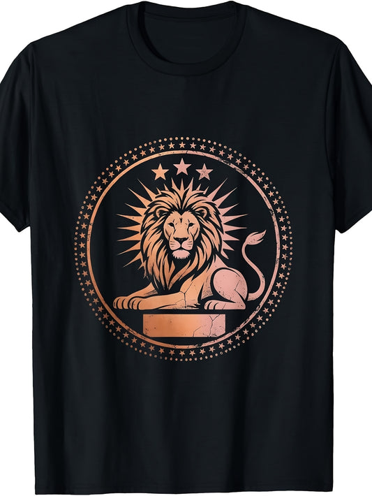 Men's & Women's Vintage Lion & Sunburst Emblem T-Shirt - Retro Lion with Starburst Design, Round Neck Casual Daily Wear Suitable for Seasons, Machine Washable Unisex Tee for Spring Summer Fall