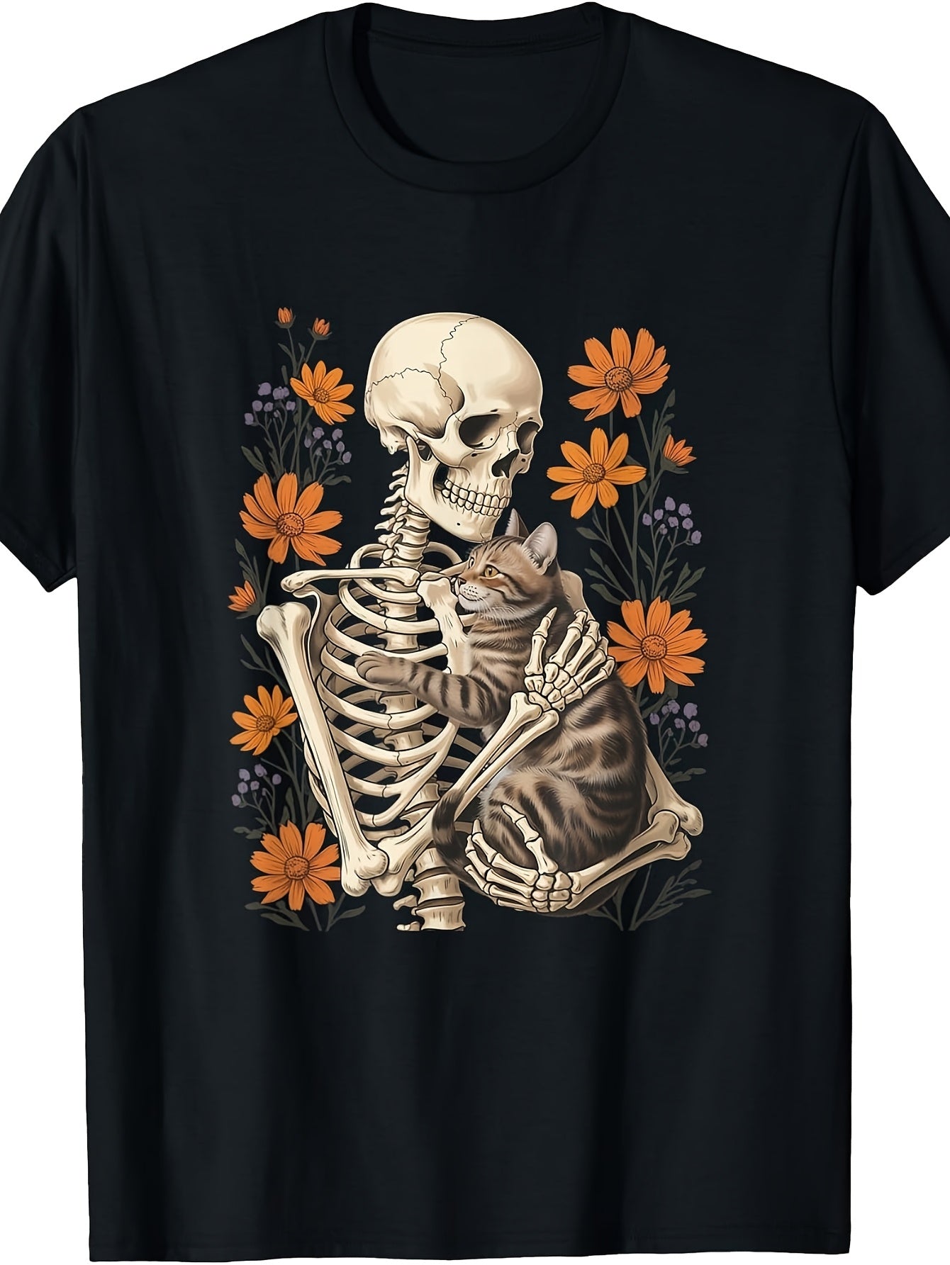 Funny Skeleton Hugging Cat Floral Halloween Cats Lover T-Shirt