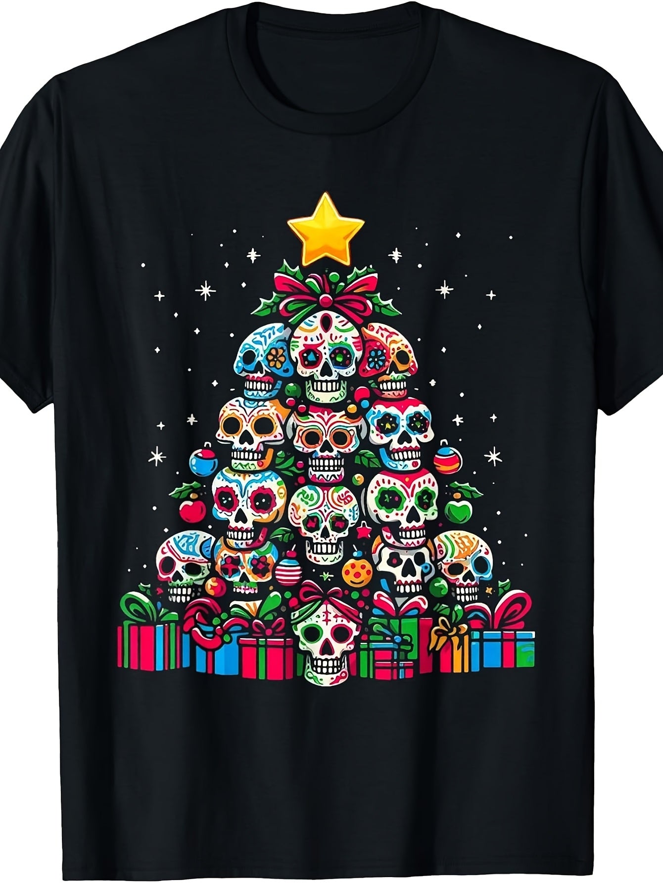 Skull Christmas Tree Funny Mexican Flower Sugar Skull Xmas T-Shirt