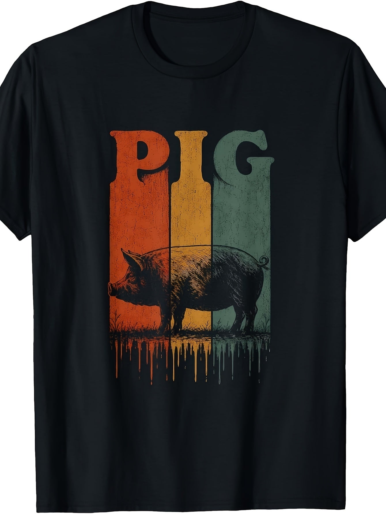 Vintage Retro Style, Men'S And Women'S T-Shirt, Pig Silhouette with Dripping Effect Graphic, Summer Casual Wear