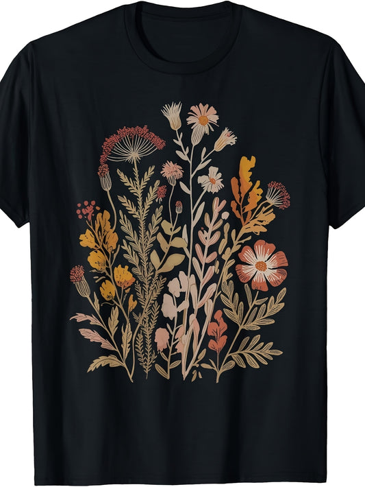 Vintage Botanical Floral Illustration, Men'S And Women'S T-Shirt, Wildflower Herb Garden Design, Summer Spring Outdoor Casual Wear