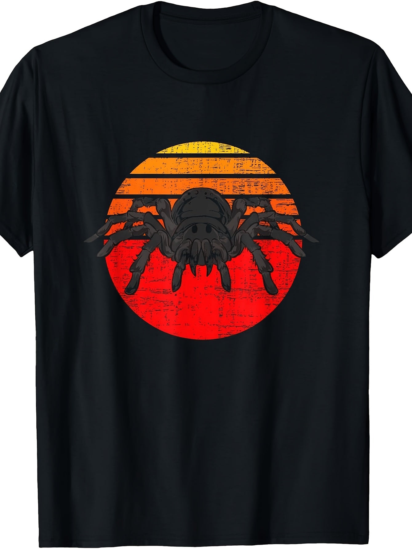 Vintage Retro Style, Men's And Women's T-Shirt, Black Tarantula Spider with Sunset Sun Graphic, Halloween Party Summer Casual Wear