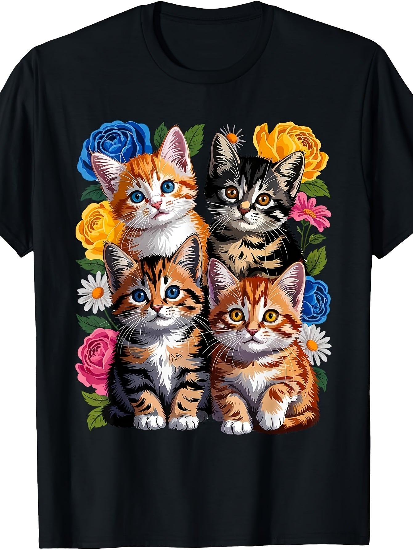 Vintage Cottagecore Cat T-Shirt - Retro Kitten & Flower Print Round Neck Tee Suitable for - Casual Wear, Machine Washable Apparel for Cat Lovers, Cottagecore Aesthetic Style