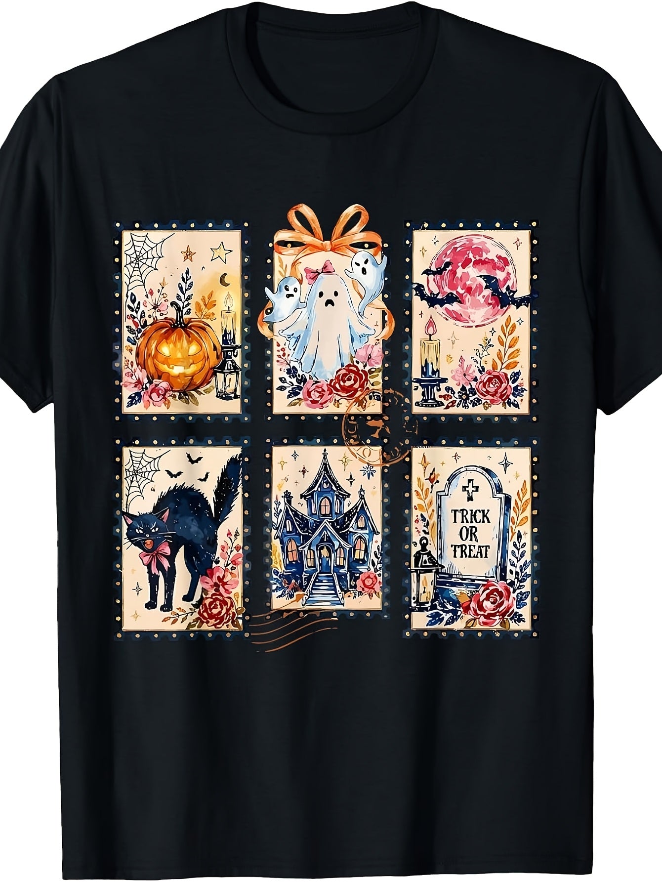 Vintage Halloween Stamps Floral Fall Spooky Season T-Shirt