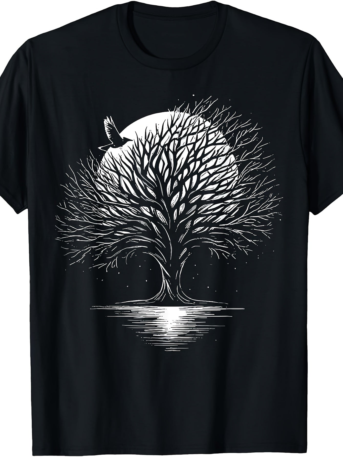 Men's And Women's T-Shirt, Vintage Style, Moonlit Tree with Flying Bird Design, Casual Wear, Season