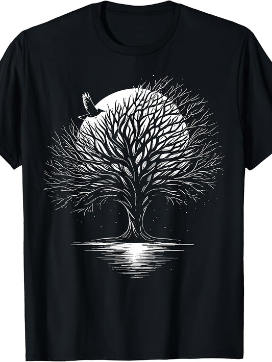 Men's And Women's T-Shirt, Vintage Style, Moonlit Tree with Flying Bird Design, Casual Wear, Season